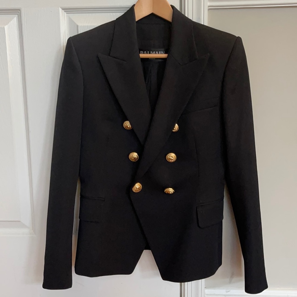 Balmain Black Double-Breasted Gold Button Blazer